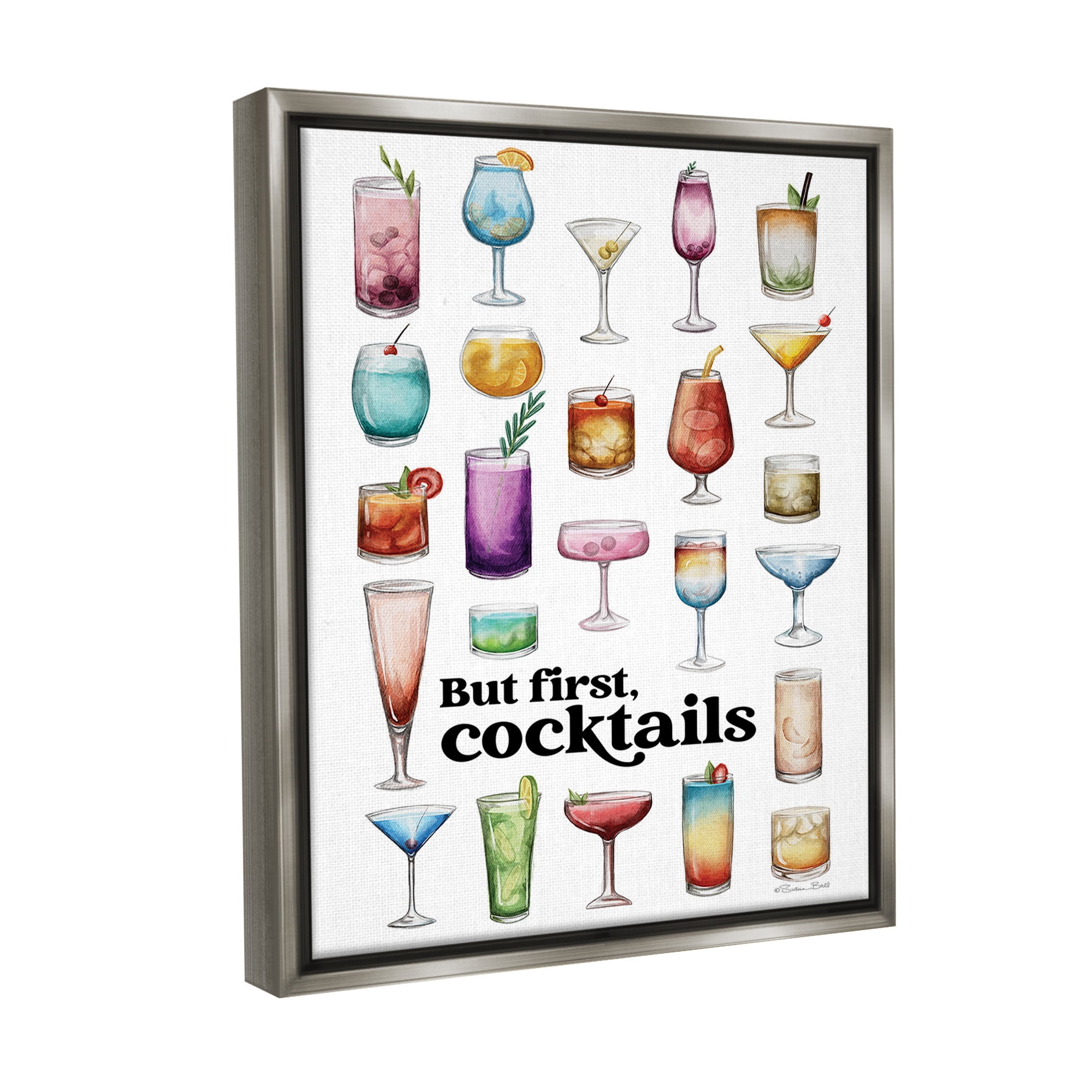 Stupell Industries But First Cocktails Food & Beverage Painting Gray Floater Framed Canvas Art Print Wall Art, 17 x 21