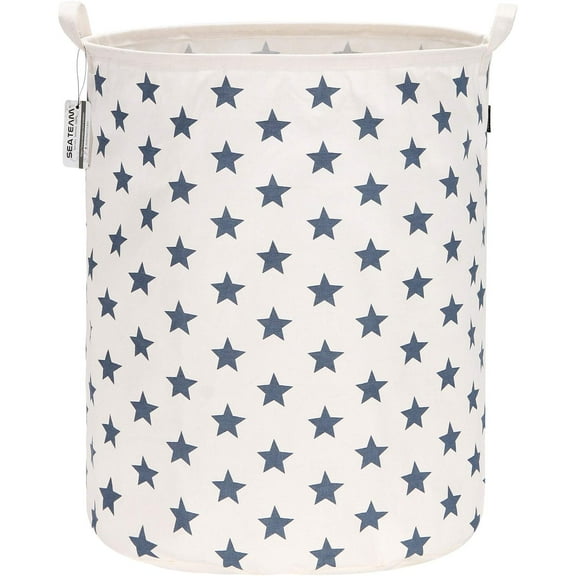 Sea Team Collapsible Canvas Fabric Laundry Hamper with Handles, Cylindric Waterproof Storage Basket, Closet Organizer, 19.7 x 15.7 Inches, Navy Star