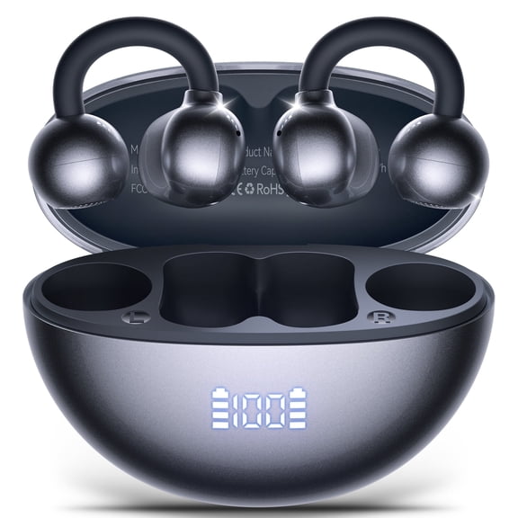 VEATOOL Clip On Earbuds,Bluetooth 5.4 Lightweight Comfort Bone Conduction Open Ear Headphones with LED Digital Display,Noise Cancelling Headphones, IPX7 Suitable for Small Ears and Eyeglass Wearers