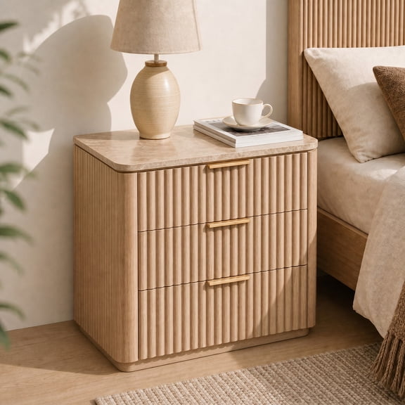 Hvoonc 3 Drawer Nightstand with Faux Marble Top, 25" Tall Fluted Storage Bedside Table, FSC Certified Wood, Natural Oak