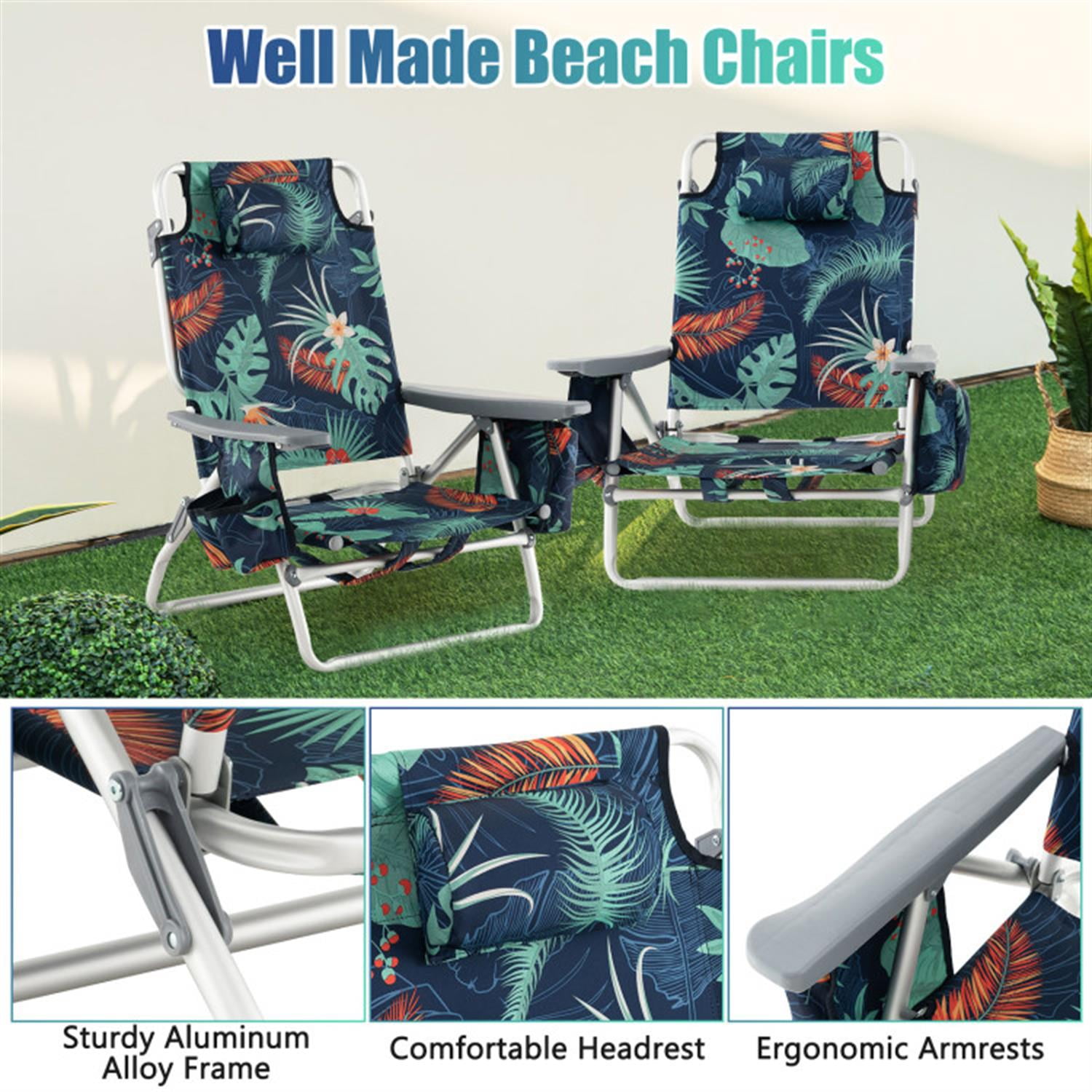 Demi Bonn 2 Pieces Folding Backpack Beach Chair with Pillow, Patio Accent Furniture Lounge Chairs for Yard, Garden, Multicolor