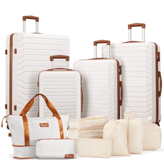 Gowill 13 Piece Luggage Sets,32/28/24/20 inch ABS Carry-on and Checked Suitcase Large Travel Suitcase Set with 7 Organizer Bags and Expandable Duffel Bag,White Tan
