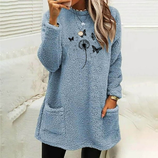 HongQid Fleece Sweatshirt for Women Winter Warm Sherpa Tunic Thermal Fleece Crew Neck Long Sleeve Pullover Loungewear with Pockets
