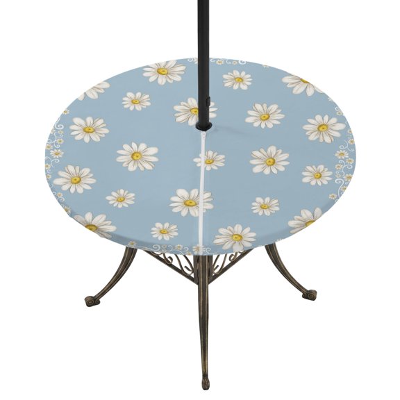 Round Outdoor Tablecloth with Umbrella Hole and Zipper, Blue Spring Floral Tablecloth with Elastic Waterproof, Daisy Flowers Elegant Farmhouse Art Patio Table Covers for 45" - 54" Picnic Pool Tables