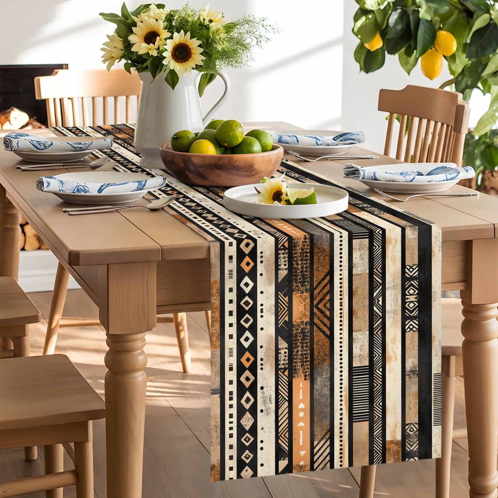 Abstract Ethnic Geometric Stripes Table Runner 90 Inches Long, Boho Tribal Totem Lines Table Runners Tabletop Scarf Kitchen Dining Tables Decoration for Home Party Indoor Outdoor