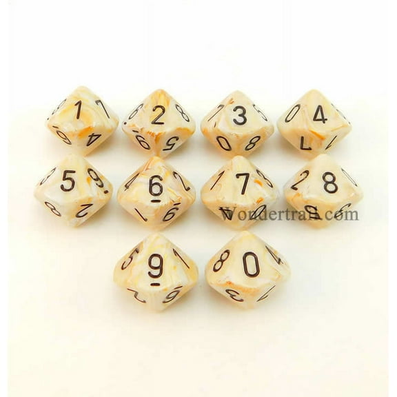 Ivory Marbleized Dice with Black Numbers D10 16mm (5/8in) Pack of 10 Dice Chessex