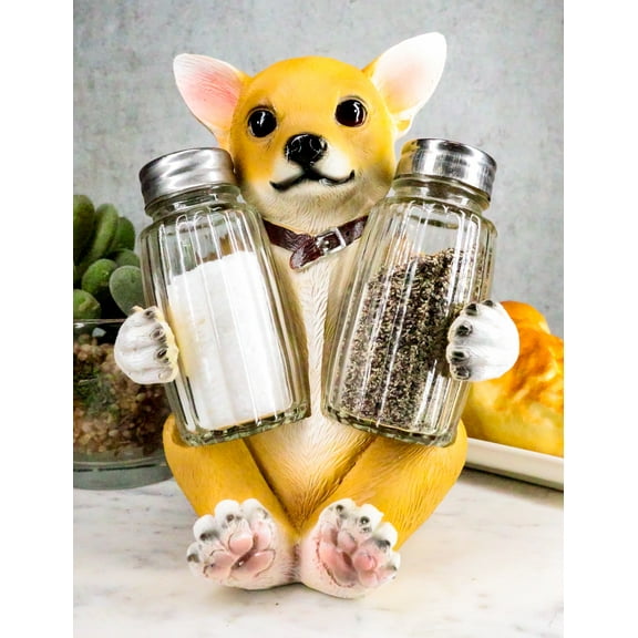 Ebros Teacup Tan Chihuahua Puppy Salt And Pepper Shakers Holder Set 6.25"H