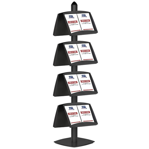 M&T Displays Literature Floor Stand with 8 Height Adjustable Steel Shelves, Double Sided (Black)