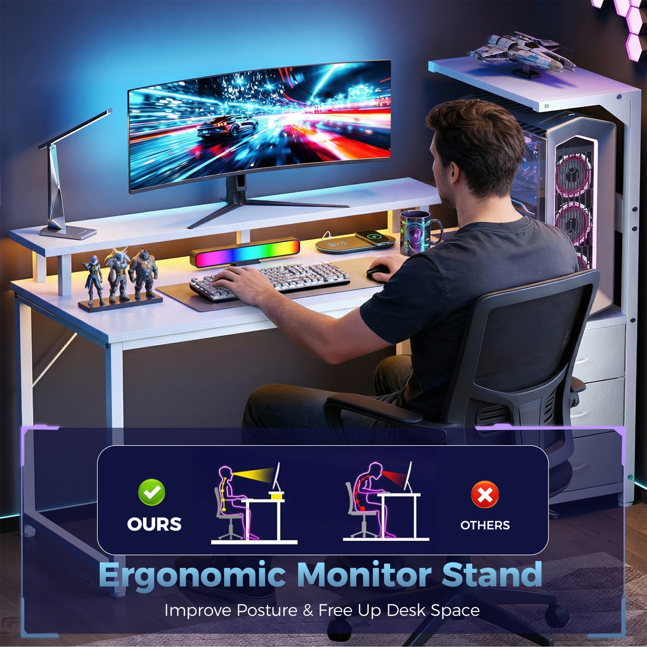 edx 59" Gaming Desk, USB Ports & LED Lights, Reversible Table with Monitor Stand for Home Office, Carbon Fiber White