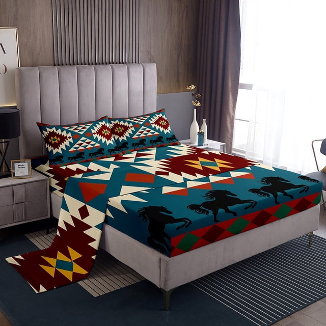 Erosebridal Tribal Aztec Sheet Set Full, Western Horse Bedding Sets Full Size, Rectangle Geometry Decor 4pcs