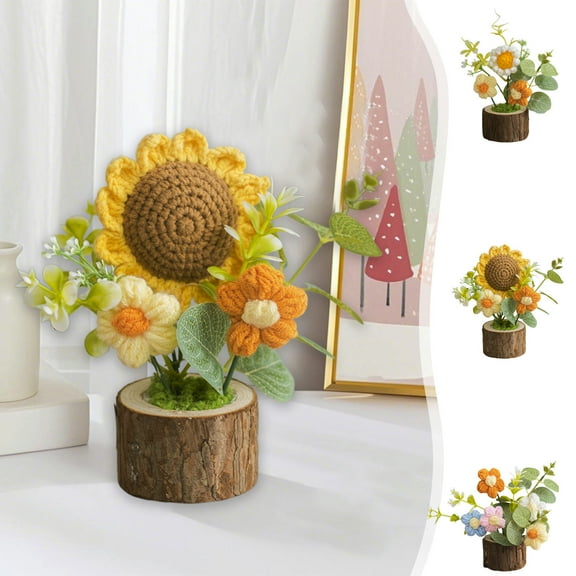 Nsxcdh Tabletop Decorative Figurines Crochet Flowers Artificial Potted Plants For Office Desk Car Dashboard Decor Gifts For Women Handmade Knitted Flowers Home Decoration
