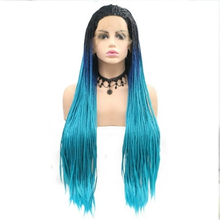 Dolago Ombre Blue Colors Synthetic wigs Micro Braids Free Part Heat Resistant Long Braided Hair Lace Front Wigs for