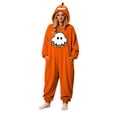 thumbnail image 2 of Pumpkin Hooded Onesie Costume for Women & Men, Halloween Matching Couple Flannel Jumpsuit with Ghost Print & Zipper Front — Unisex Cozy Sleepwear Set for Party & Lounge Orange L, 2 of 8