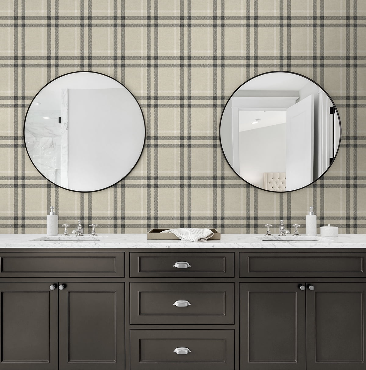 Seabrook Designs Linen & Ebony Calverlay Plaid Prepasted Wallpaper - 20.9 in. W x 33 ft. L Roll