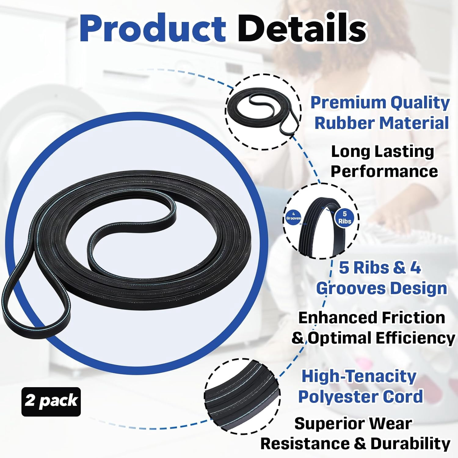 6-Pack Dryer Belt Replacement for Samsung Replaces AP4373659, 6602-001655, 6602-001314, PS4133825