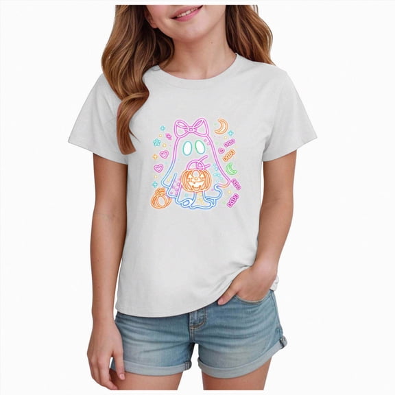 NIEWTR Kids Girls Halloween Cartoon Character T-Shirt, Soft Cotton Ghost Print Short Sleeve Casual Autumn Daily Wear Top(9-10 Years)