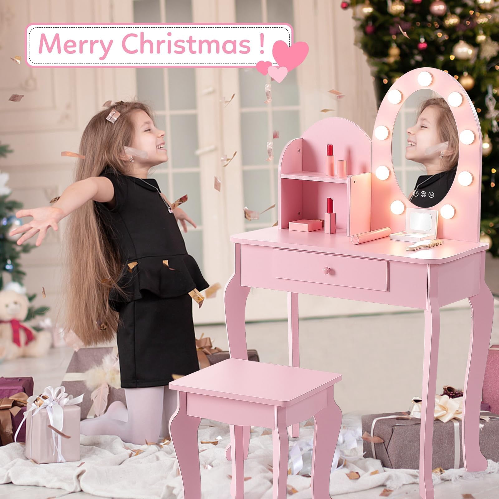 Kids Vanity Desk with Mirror Lights – Princess Makeup Dressing Table for Girls with Storage & Stool