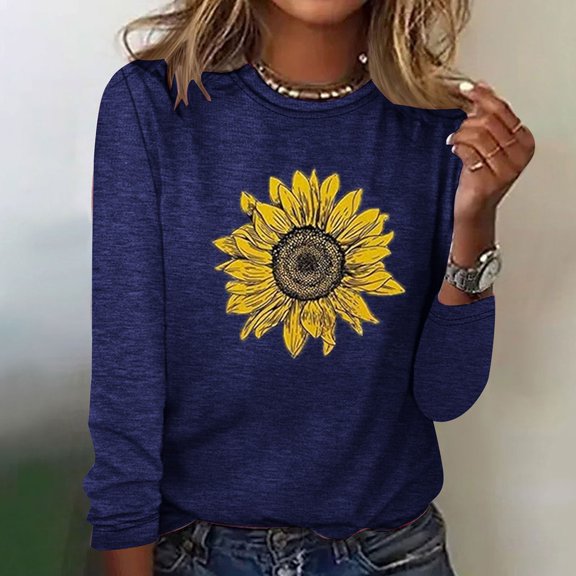 Xqxayjr Women Plus Size Long Sleeve Tops Casual T-Shirts Sunflower Printed Fashion Sweatshirt Lightweight Round Neck Shirts Fall Clothing