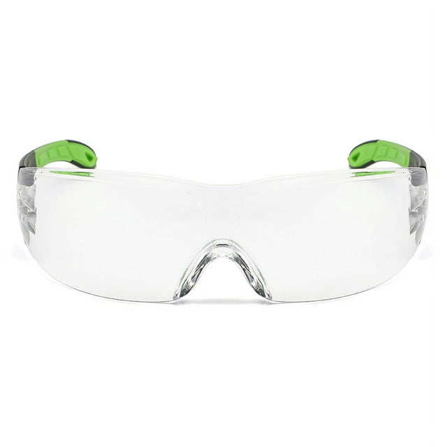 Gafas de seguridad con lentes envolventes transparentes resistentes a los arañazos y empuñaduras antideslizantes, marcos ajustables en negro y verde