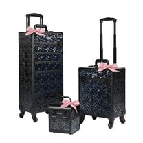 Byootique Rolling Makeup Train Case 3-Piece Cosmetic Organizer Kit Trolley Organizer Travel Case Lockable Salon Barber Case Traveling Cart Trunk with Wheels for Makeup Artist Trave Nail,Mermaid Black