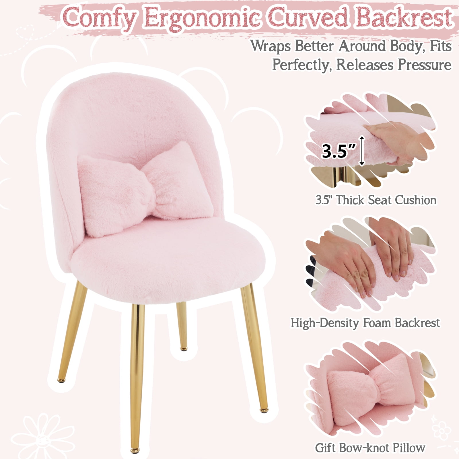 Ktaxon Vanity Makeup Chair Comfy Accent Chair Small Office Chair for Living Dining Room Bedroom Home Office Faux Rabbit Hair Pink
