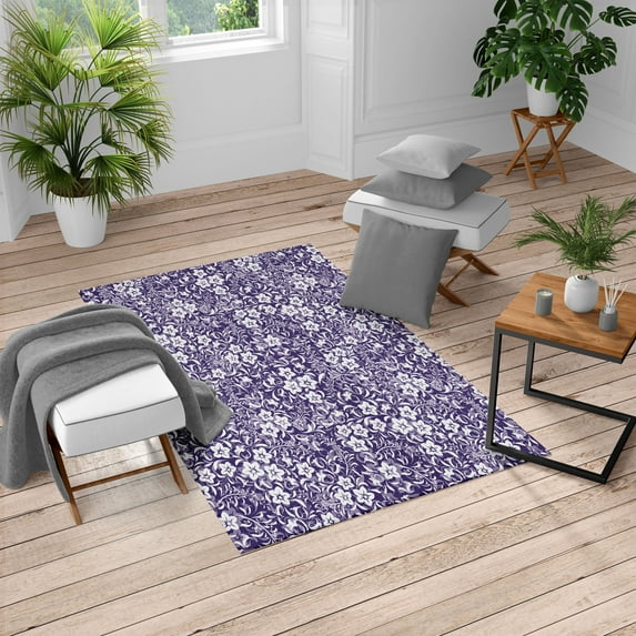 Botanic Turkish Area Rug, Floral Pattern Spring Season Blossoms Branches Leaf Beauty Field Design, Soft Carpet for Living Room Decor with Distressed Look, 4' X 5.7', Indigo White, by Ambesonne