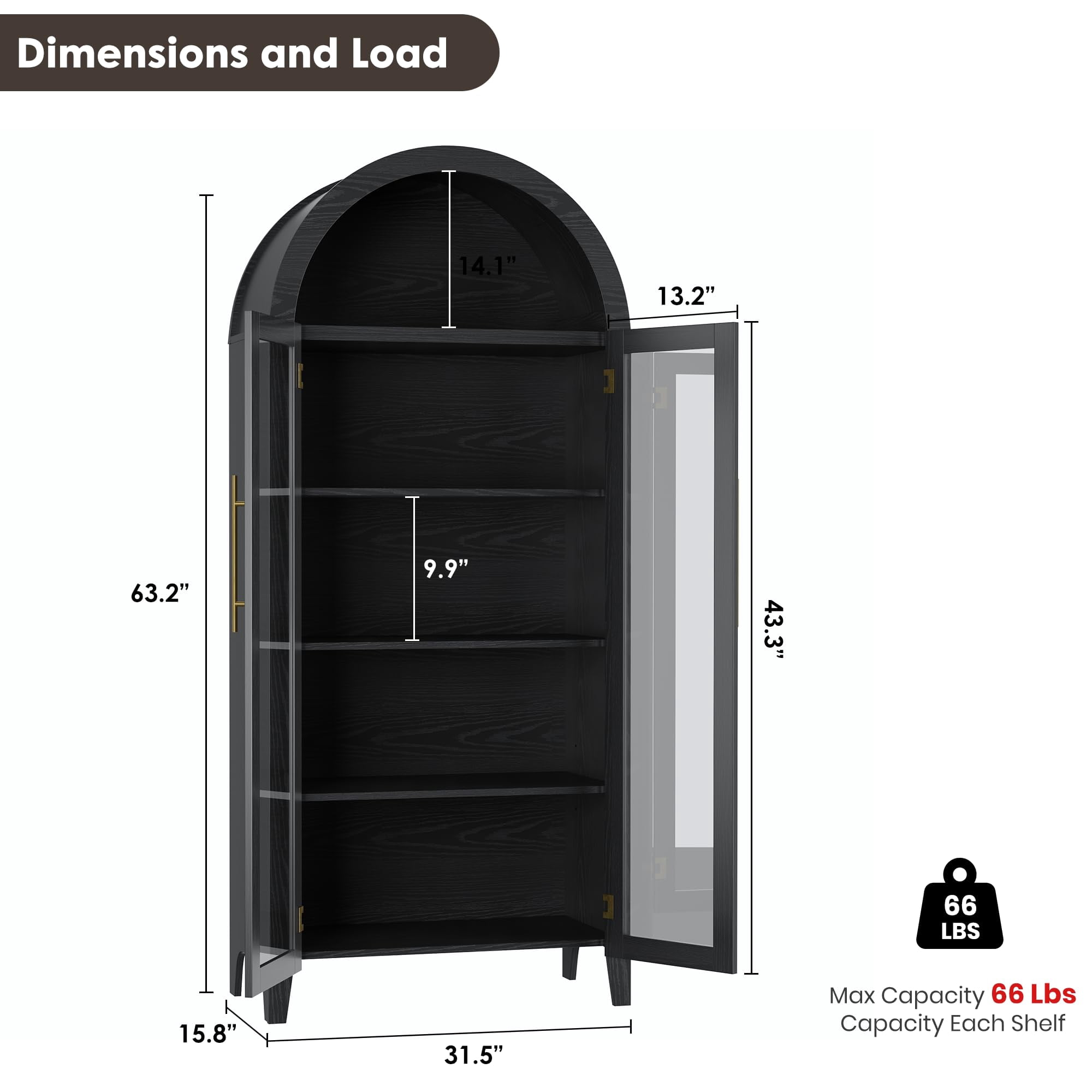 Soonbuy 5 Tier Arched Kitchen Pantry Storage Cabinet, Farmhouse Display Shelf with Adjustable Shelf and 2 Large Glass Doors, Versatile Cupboard for Kitchen, Dinning Room, Living Room