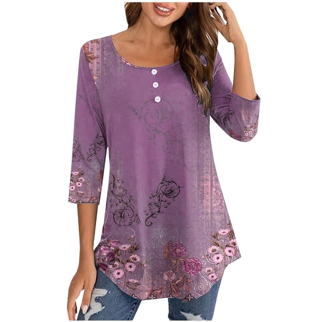 Birdeem Blouse pour Femmes Col Rond Manches 3/4 Boutonnée