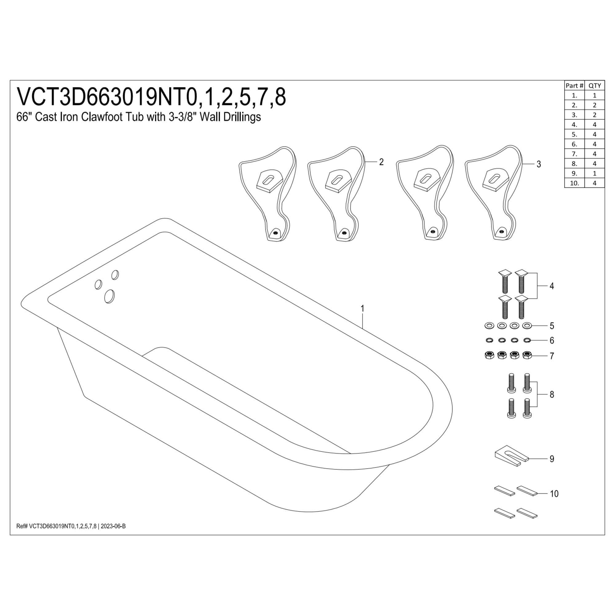 Aqua Eden VCT3D663019NT0 66" Cast Iron Oval Rectangular Roll Top Clawfoot Tub (3-3/8" Wall Drillings), White/Matte Black