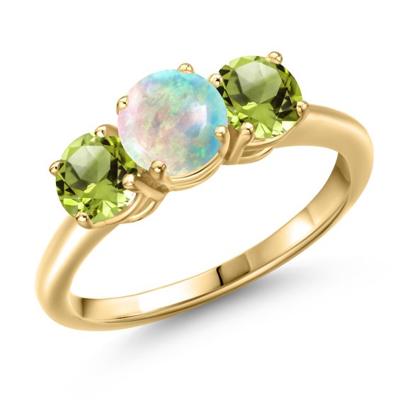 Gem Stone King 18K Yellow Gold Plated Silver Simulated White Opal and Green Peridot Engagement Ring for Women | 1.40 Cttw | Round Cabochon 6MM | Gemstone October Birthstone | Size 8