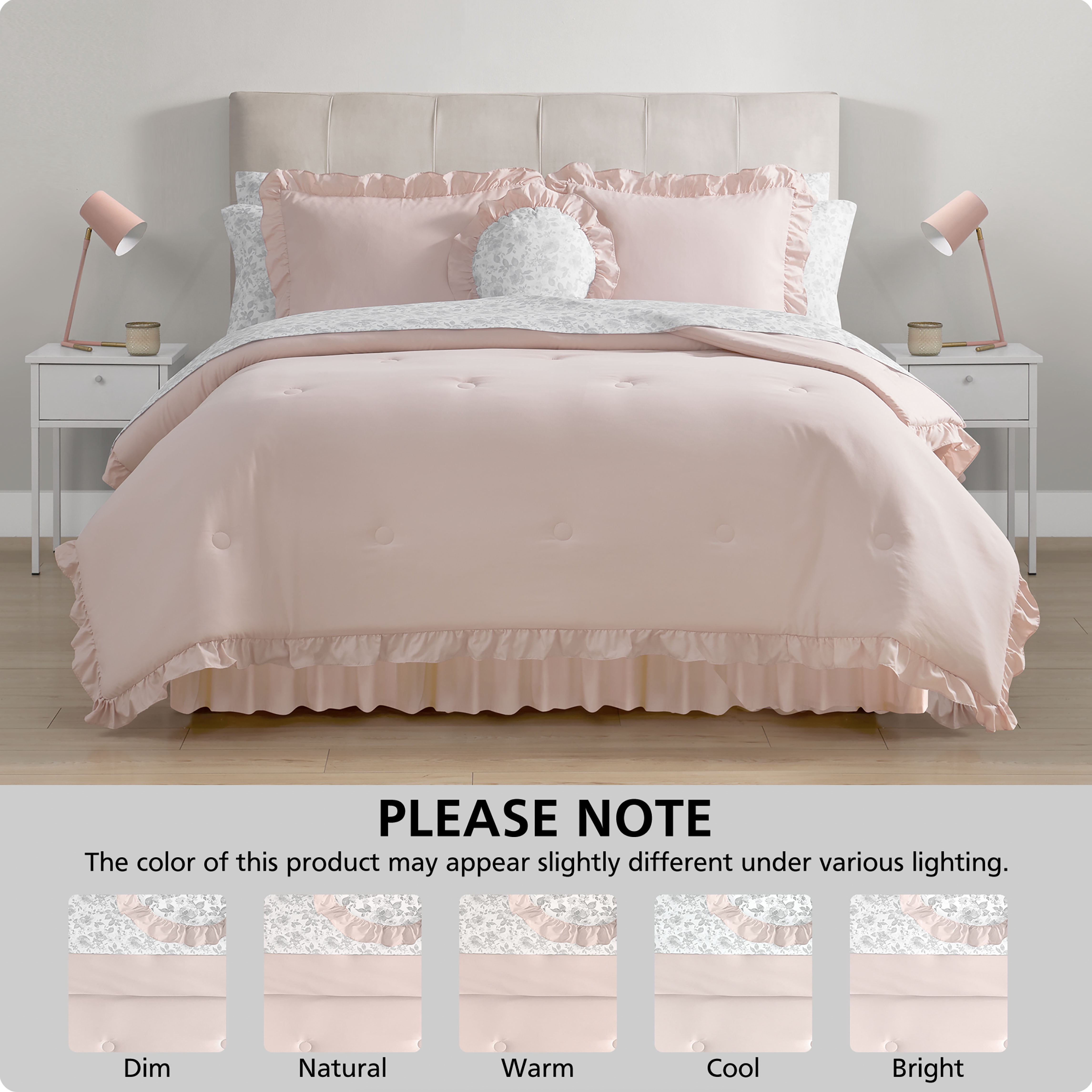 Mainstays All in One Reversible Comforter and Sheet Set- 11 Piece, King, Pink and Grey Ruffle