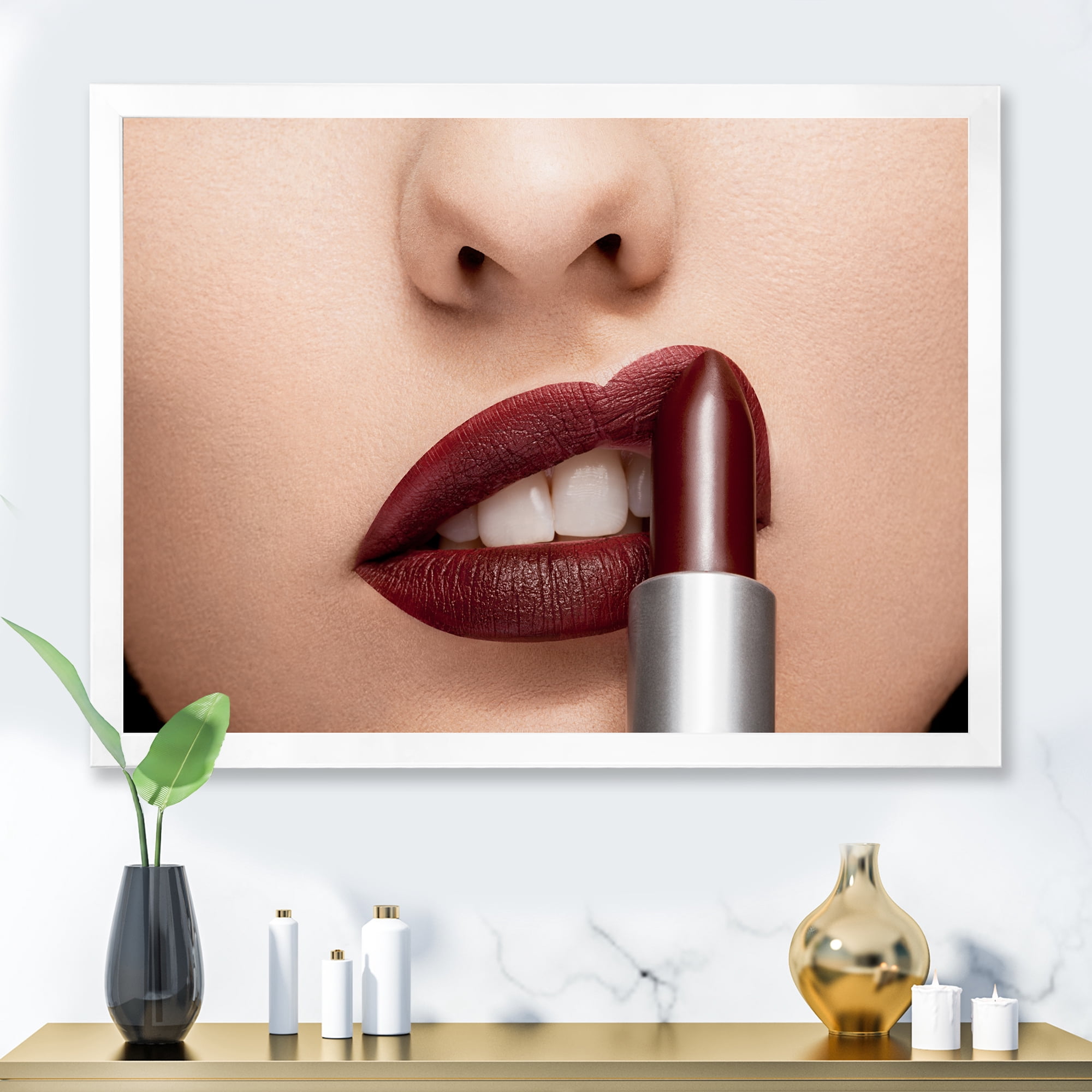 Designart 'Woman Applying Red Lipstick On Lips II' Modern Framed Art Print