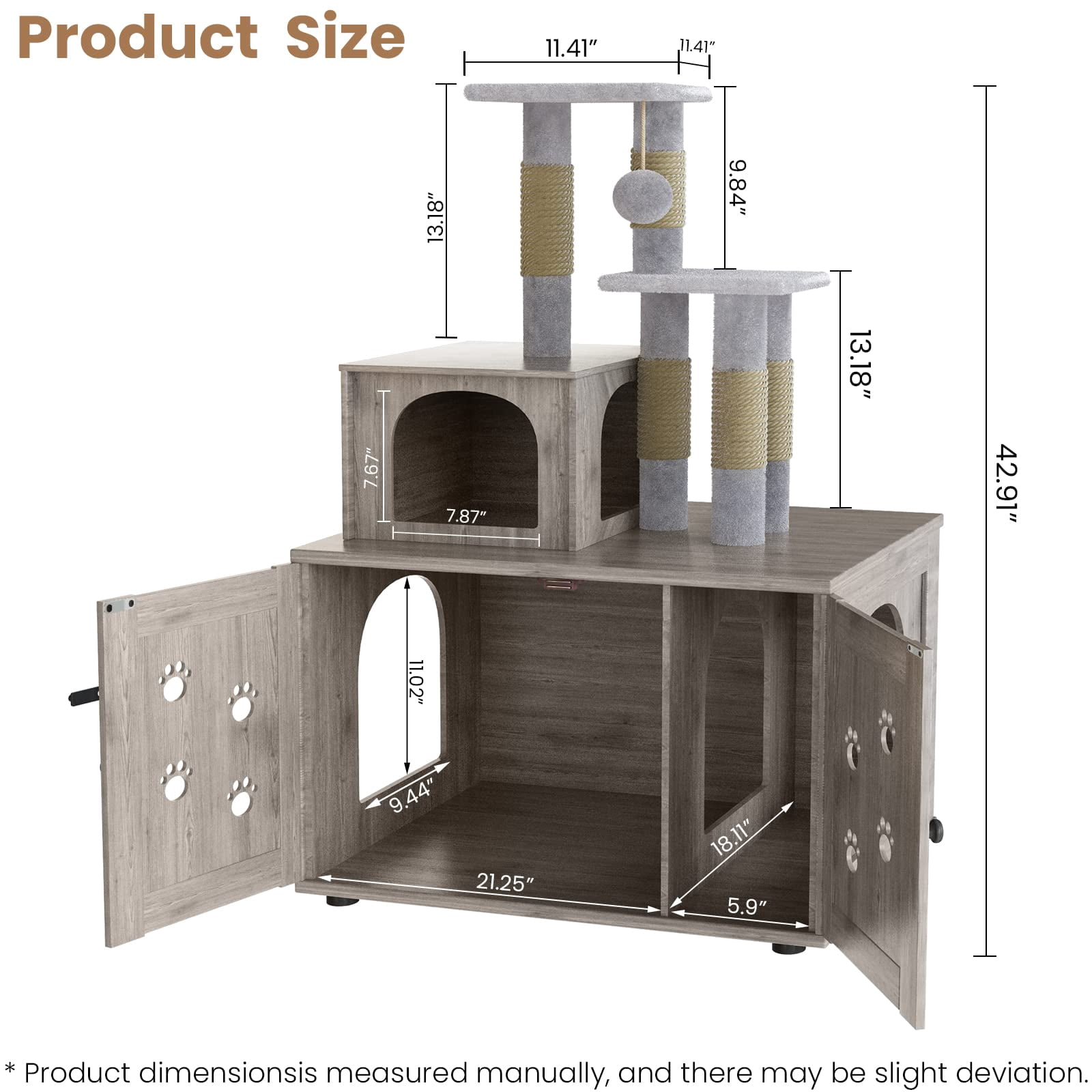 Baxluxe Cat Litter Box Enclosure with Cat Tree, Hidden Cat Washroom Furniture with Divider, Wooden Cat House with Platform, Scratching Post and Soft Plush Perch, Indoor Pet Cabinet, Gray
