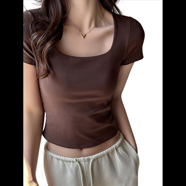 Camiseta Interior de Cuello Cuadrado para Mujer (2025), Corta y Hombros Rectos, Ajustada. Color Café XL