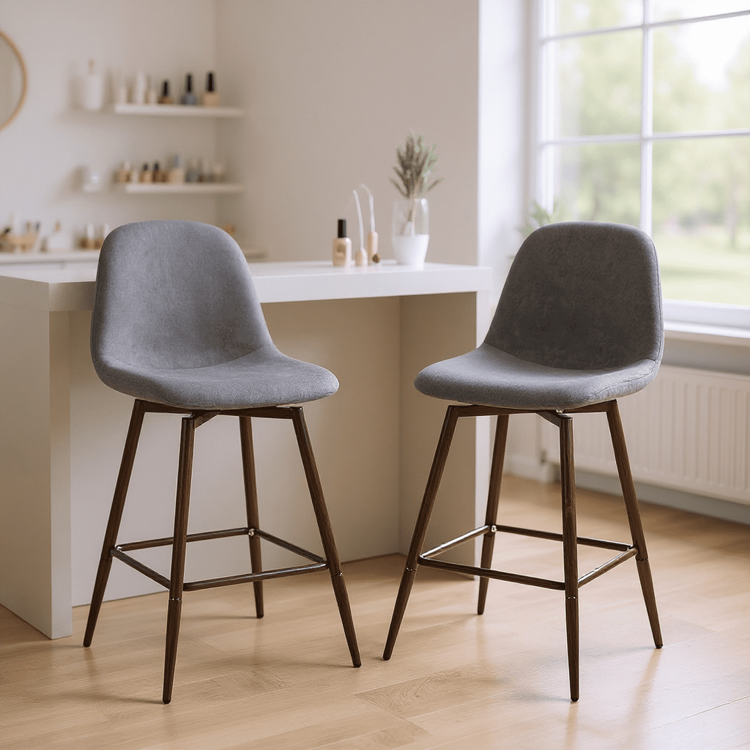 Homy Casa Set of 2 Contemporary Bar Stools, 26 in. Seat Height with Fabric Upholstery and Wooden Legs, Grey