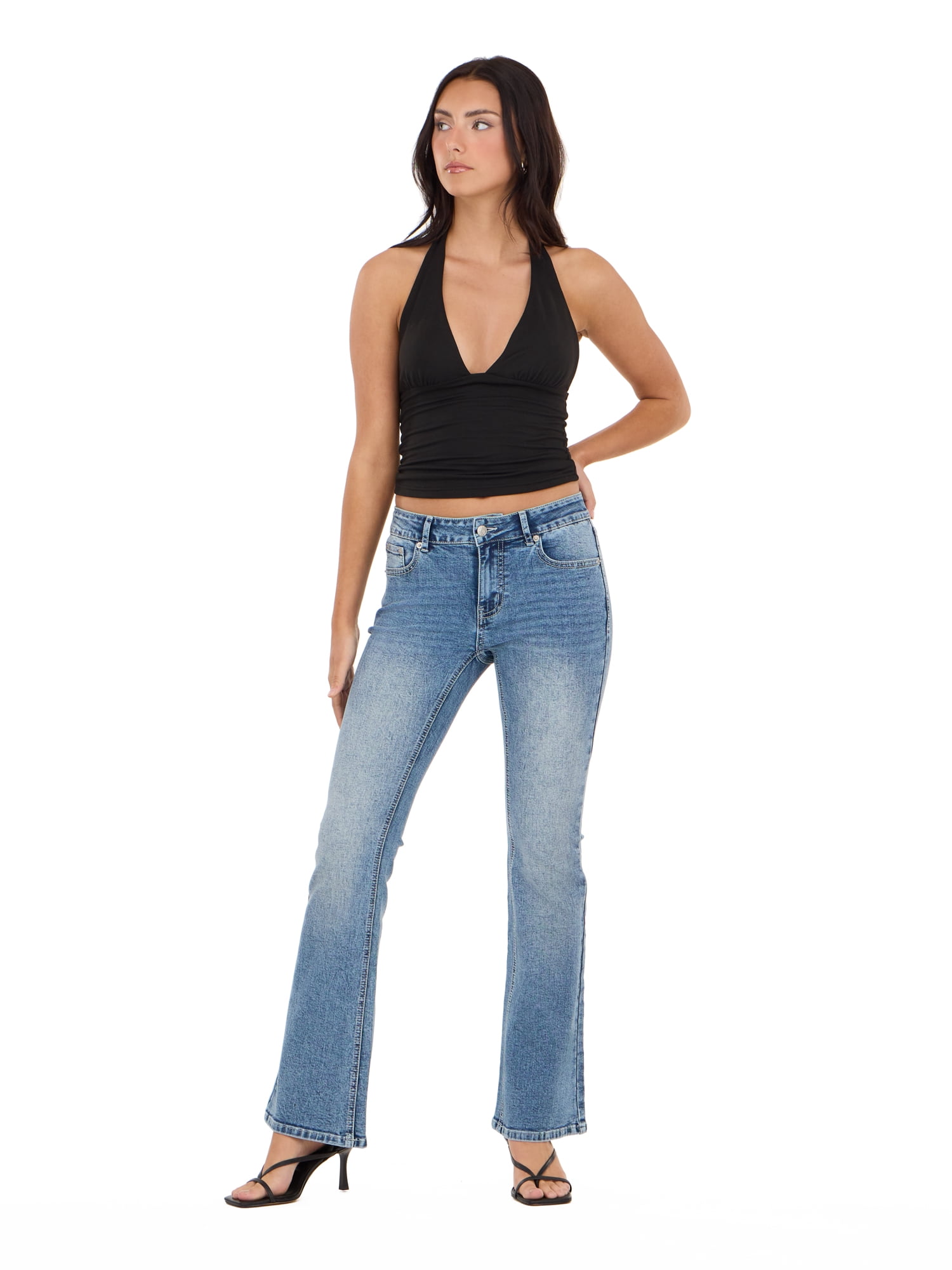 Forever 21 Women's and Women's Plus Mid Rise Bootcut Denim Pants with Rhinestone and Embroidered Back Pockets, Fitted Stretch Jeans, Vintage Wash Casual Style, Blue, 00-4X