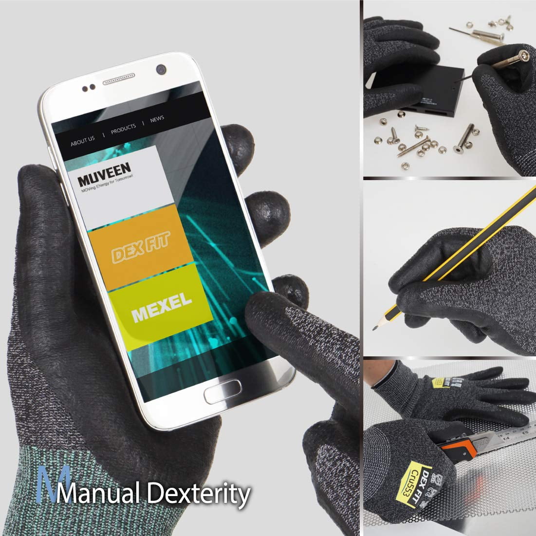 Dex Fit CRU553 BlackGrey Level 5 Cut Resistant Gloves (Power Grip, Durable Foam, Large) - 3 Pair
