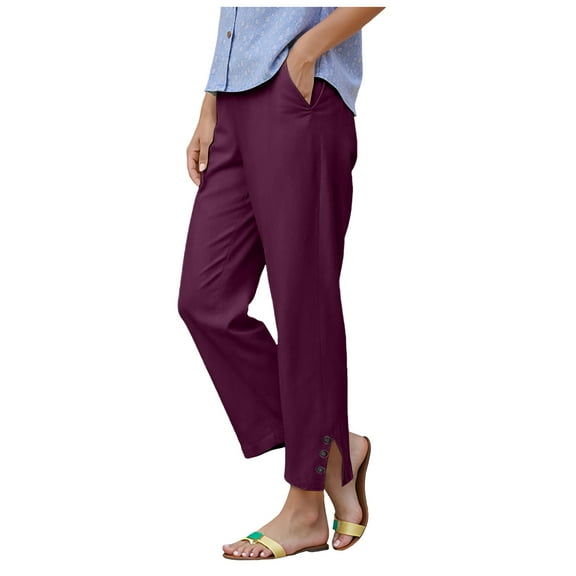 GEWSEY 2025 Linen Pants Women High Waist Elastic Drawstring Lounge Trousers Casual Lightweight Side Split Summer Beach Pants (Dark Purple, 5XL)