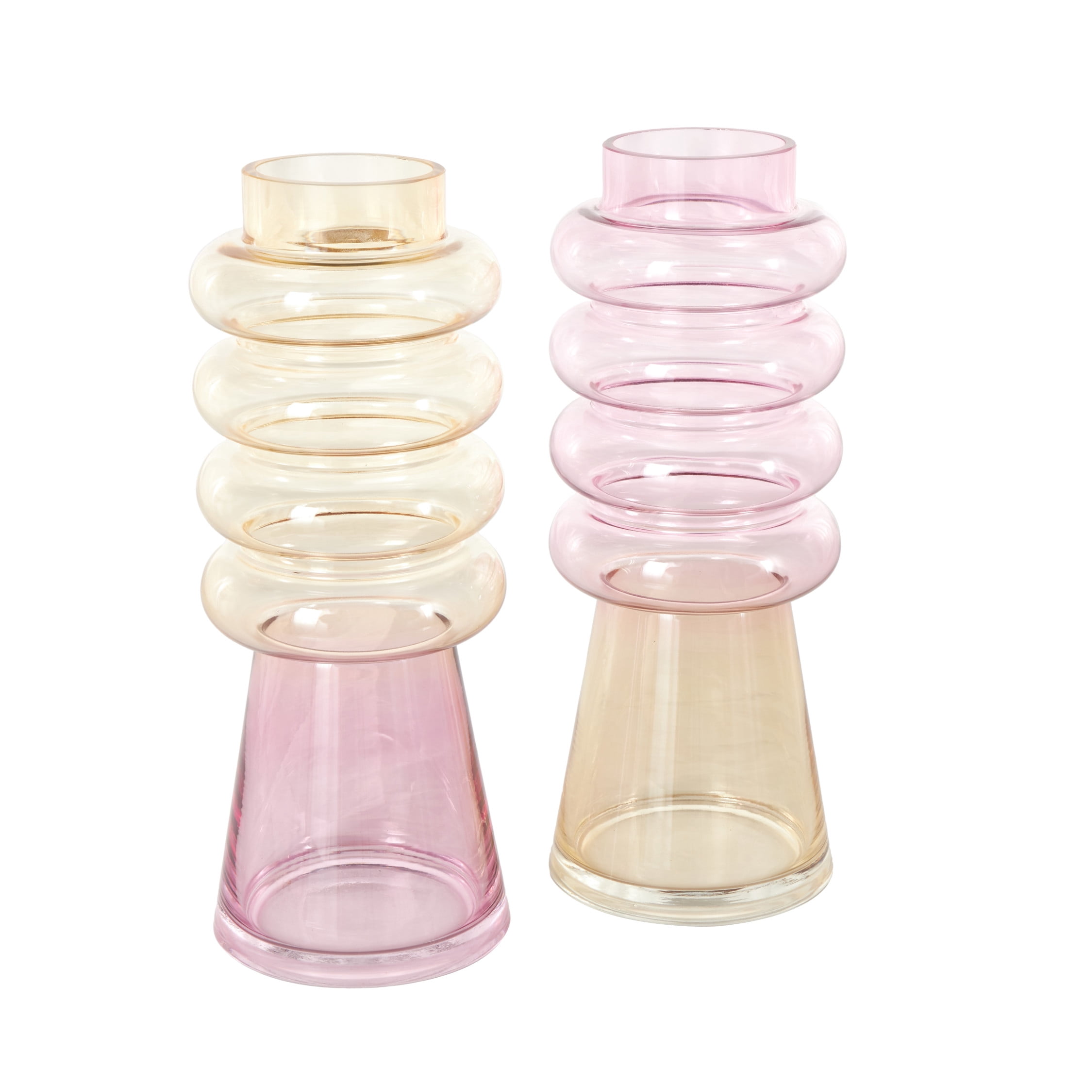 DecMode 5"W, 12"H Tinted Multi Colored Glass Vase with Color Blocks, Set of 2