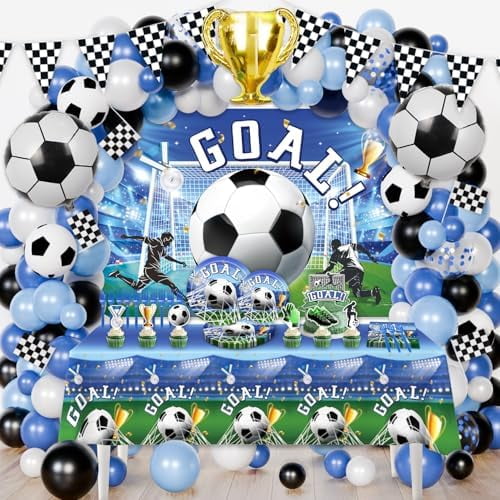 223Pcs Soccer Party Decorations，Soccer Birthday Party Decorations,Include Balloon Arch,Backdrop, Cake Toppers，Tableware, Tablecloth$$