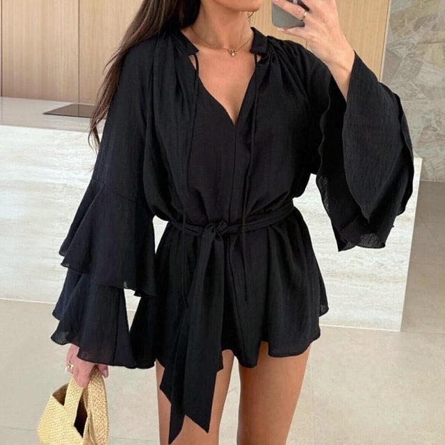 TaTaai Women's V-Neck Long Sleeve Flared Sleeve Irregular Hem Tie Waist Loose Dress Lightweight Breathable Casual Dress for Vacation Outings Gift