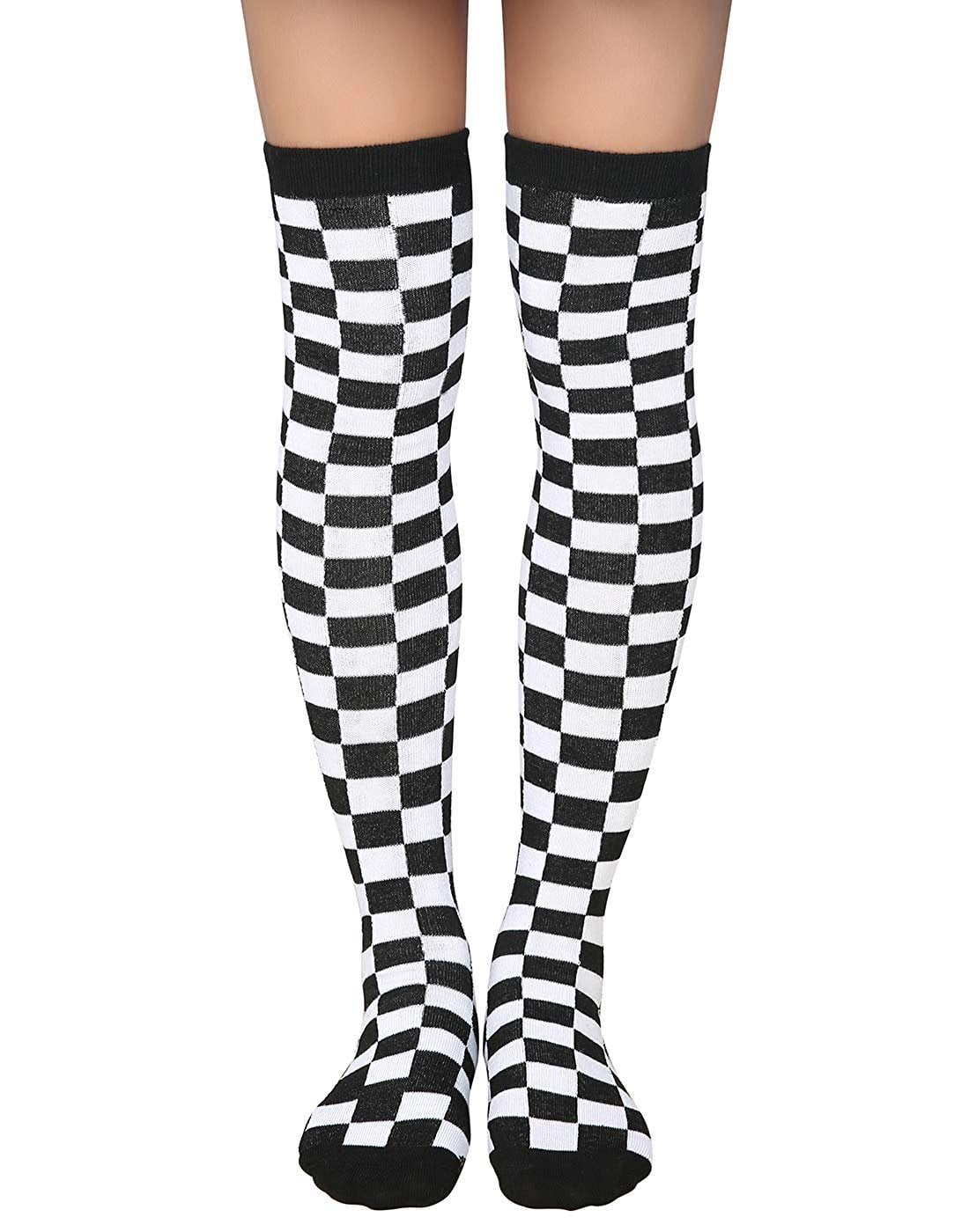 HDE HDE Women's Extra Long Checkerboard Socks Over Knee High Checkered Stockings (Black White