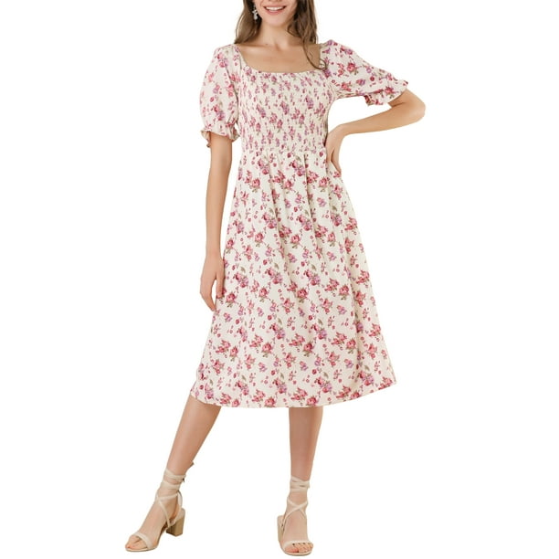 Vestido Midi de Mujer INSPIRE CHIC con Cuello Cuadrado, Mangas Cortas Abullonadas, Floral, Primavera Verano, Beige, 2XL