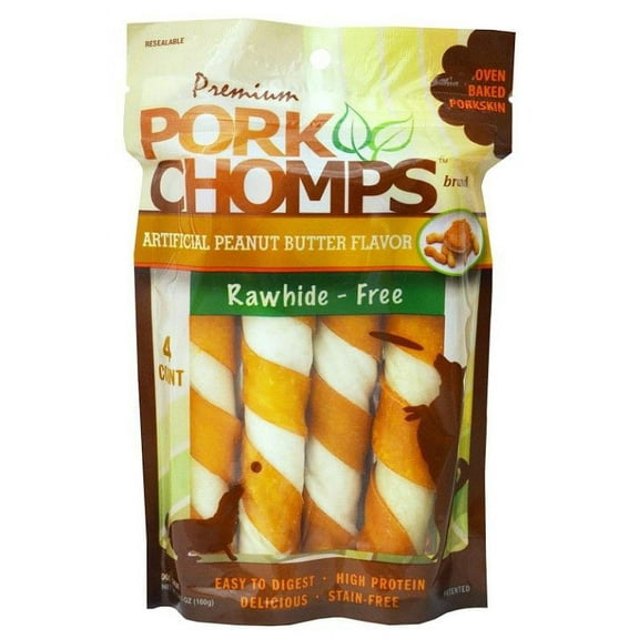 Pork Chomps Twistz Pork Chews - Peanut Butter Flavor [Dog, Treats Packaged] Large Twists - 4 Count