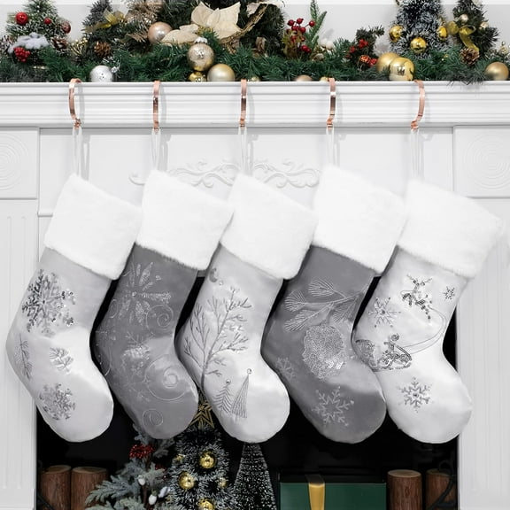 GEX Worldwide 2025 Christmas Stockings for Family 20" Large Silver Grey Satin with Sequins Faux Fur Rhinestones Embroidered Classic Luxury Fireplace Tree Decorations Ornament for Xmas Season (5 Pack)