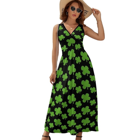 Saint Patrick Clover Womens Night Club Maxi Dress V Neck Sleeveless Bohemia Long Dresses