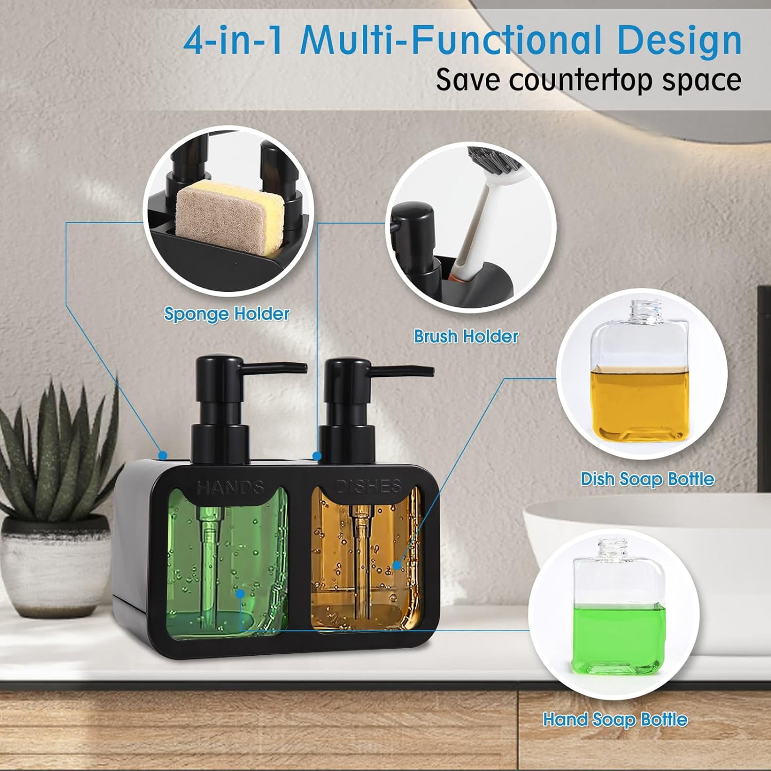 Kitchen Soap Dispenser Set, with Hand and Dish Soap, Sponge Caddy Brush Holder 4-in-1 Dual Set for Sink, Bathroom -