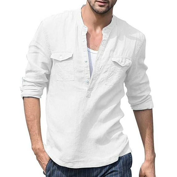 LVCBL Summer Men's Casual Shirt with buttons, Normal Cut Stand-Up Collar Shirt White L