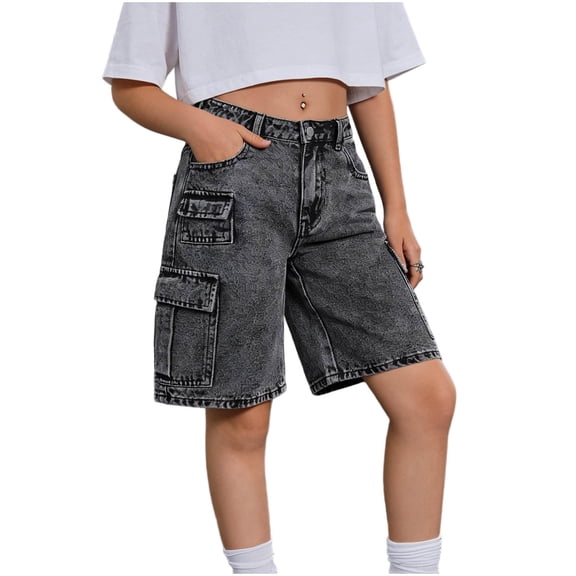 Nilvkv Girls Jean Shorts, Jean Shorts for Girls, Stretchy High Waist Denim Cargo Bermuda Shorts Zip Fly Button Closure Summer Gray 15-16 Years