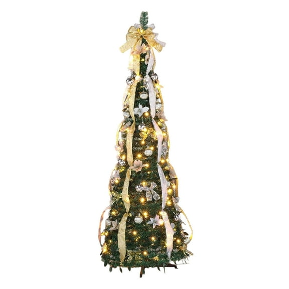 Taicans ‌6ft Pre-Lit Pop Up Christmas Tree with Lights - Artificial Foldable Christmas Tree | Metal Base & Includes Ornaments/Bows | Indoor/Outdoor Holiday Decor | Easy 60-Second Setup‌